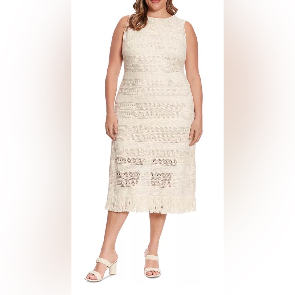 NWOT London Times Woman Bohemian Crochet Fringe Dress Cream Ivory Size 24W